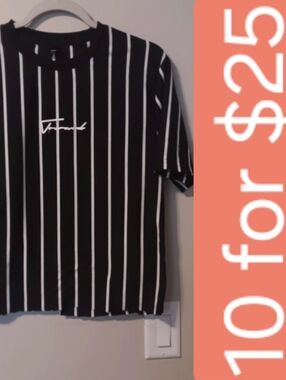 Black Vertical Stripe Tee with White Script Logo